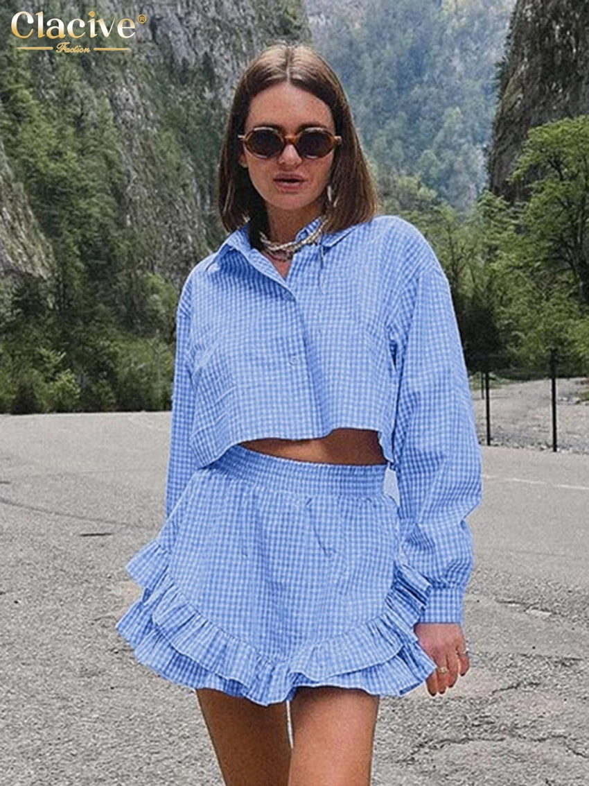 

Clacive Fashion Loose Blue Plaid 2 Piece Sets Women Outfit 2024 Elegant Long Sleeve Shirt With High Waist Ruffle Mini Skirts Set