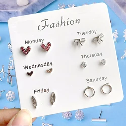 6 Pairs Monday To Saturday Stud Earrings For Women Teens Girls Korean Fashion Simple Ear Studs Pearl Crystal Earring Set