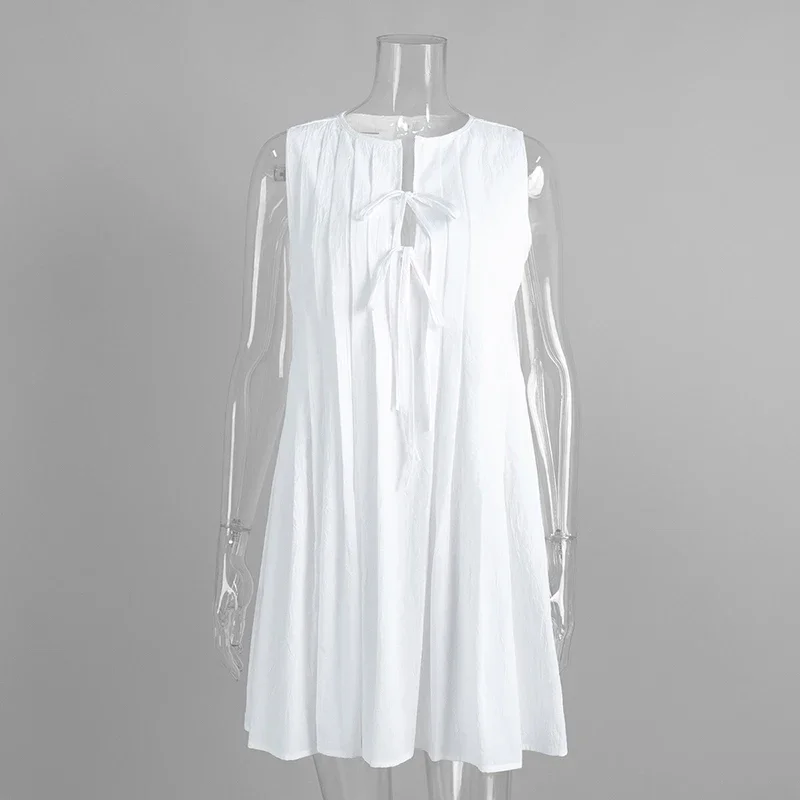 TARUXY Loose Pleated Vest Dress Women's Summer New Lace Up Accordion Pleating Short Style Dress Female Beach Resort Casual Dress