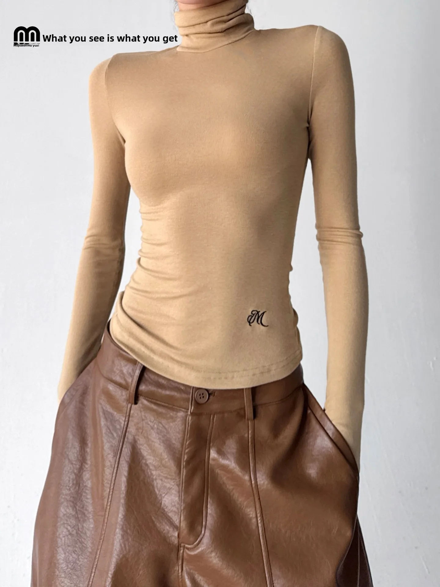 Camiseta de Manga Larga Ajustada para Mujer, Color Camel, Camiseta Básica Simple de Alta Calidad, Mezcla de Poliéster, Spande...