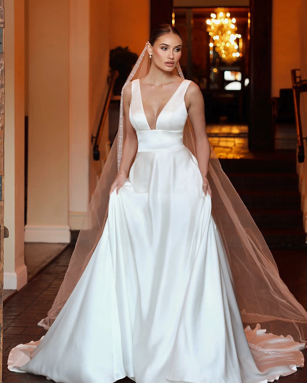 Customized Sexy Satin Wedding Dress A Line Women's Wedding Gown Deep V Neck Sleeveless Open Back Buttons Bride Bridal Dresses