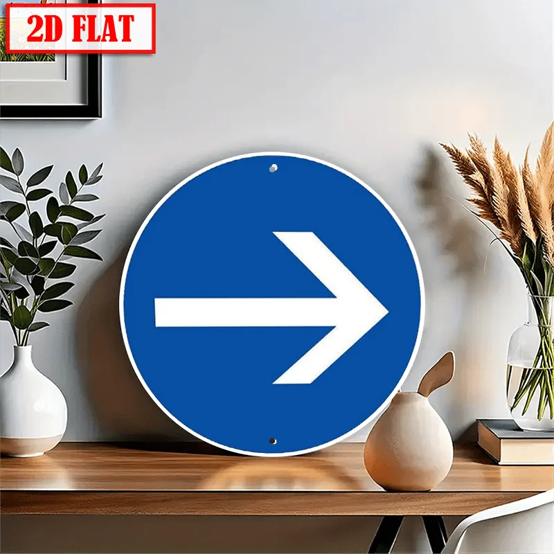 2D Flat, a Round Aluminum Directional Sign - Classic Blue And White Wall-Mounted 8X8 Inches (20X20 Cm) Weather-Resistant Decorat