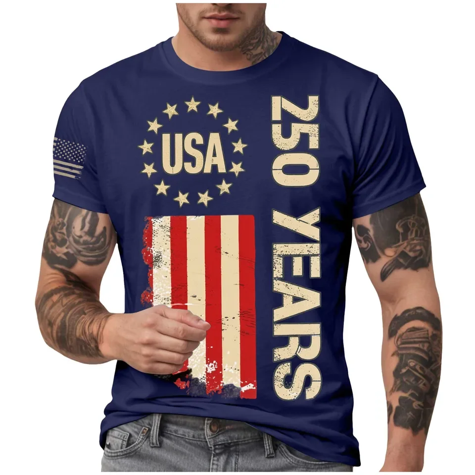 Fashion 250th Anniversary Commemorative Flag Print Men's T Shirts O Neck Short Sleeve Top