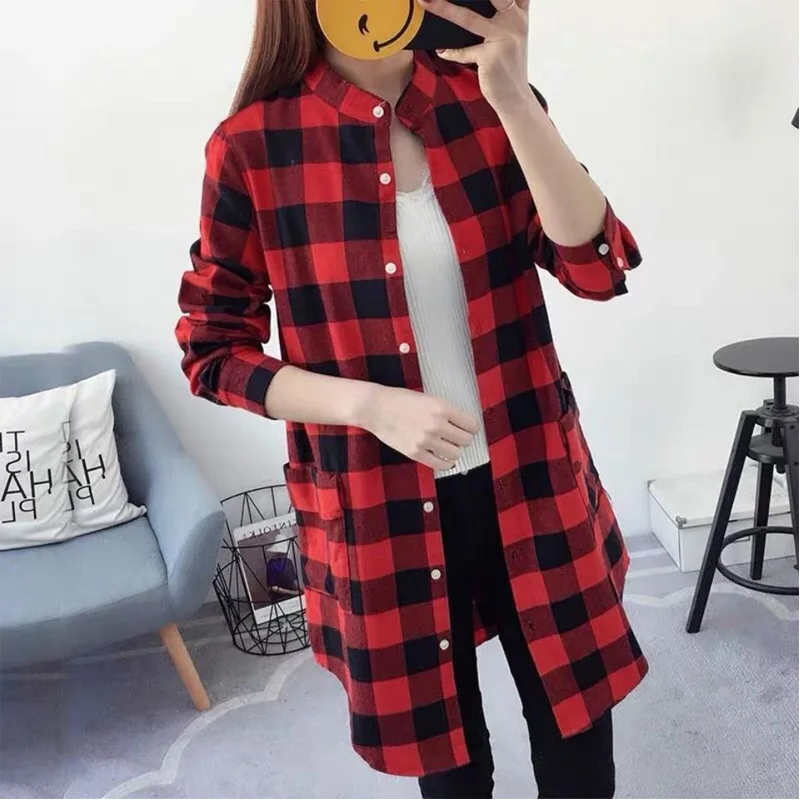 2023 Spring and Summer Art Contrast Color Checker Stand Neck Single Breasted Large Pocket Long Sleeve Casual Mid Length Shirt