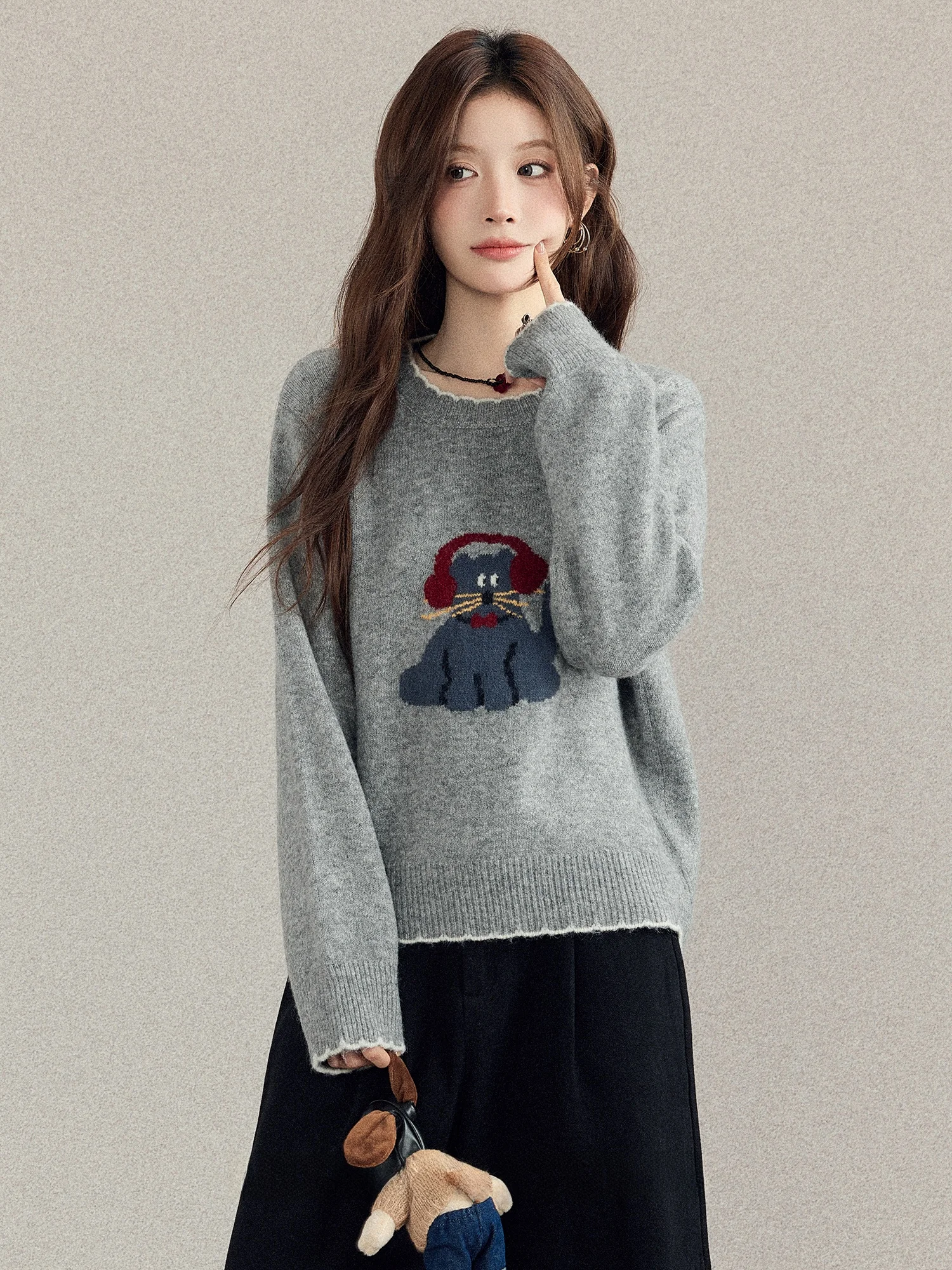 

Женский свитер Ele Cartoon с вышивкой, вязаный, с круглым вырезом, осенне-зимний, мягкий, свободного кроя, дышащий, с длинными рукавами