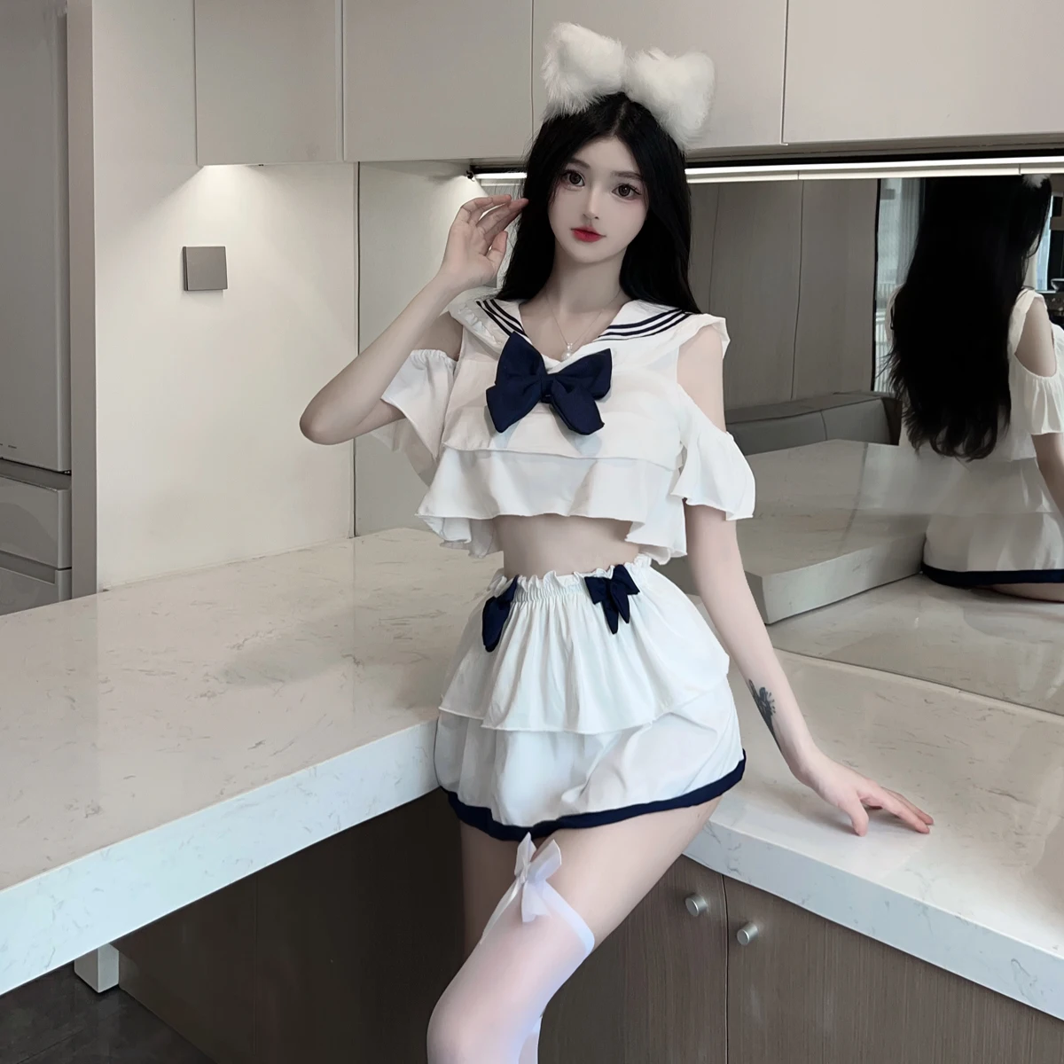 

Сексуальный наряд из двух предметов в академическом стиле, укороченный топ с темно-синим воротником и короткая юбка, комплект униформы моряка jk для косплея