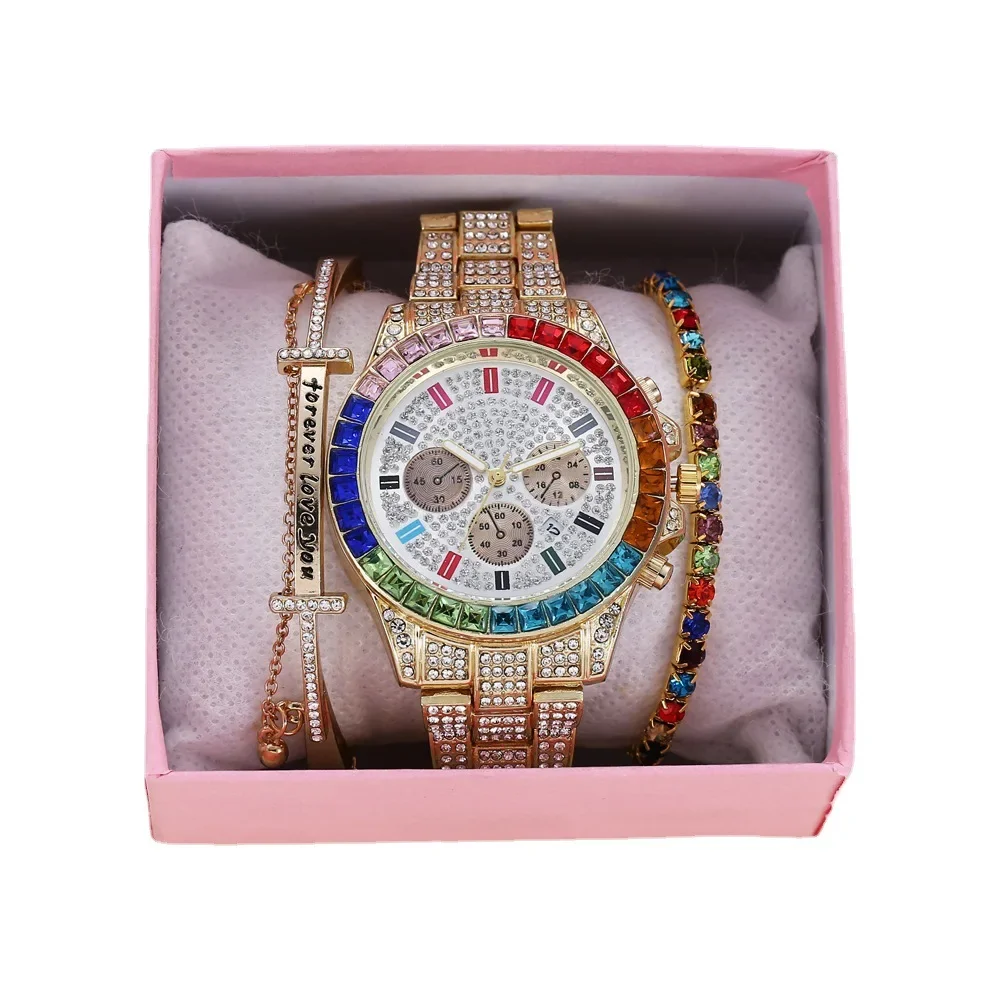 

3Pcs/Set Luxury Woman Watch Gift Box Fashion Bangle Bracelet Watches for Women Girl Waterproof Full Diamond Wristwatch Gifts Set