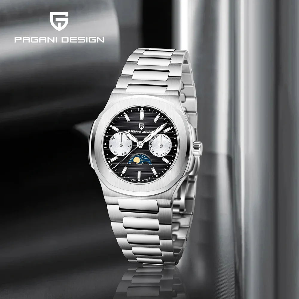 

Мужские часы PAGANI DESIGN из нержавеющей стали с фазами Луны, кварцевые часы для мужчин, роскошные часы с сапфировым стеклом, механизм VX3HA, автоматические часы с датой