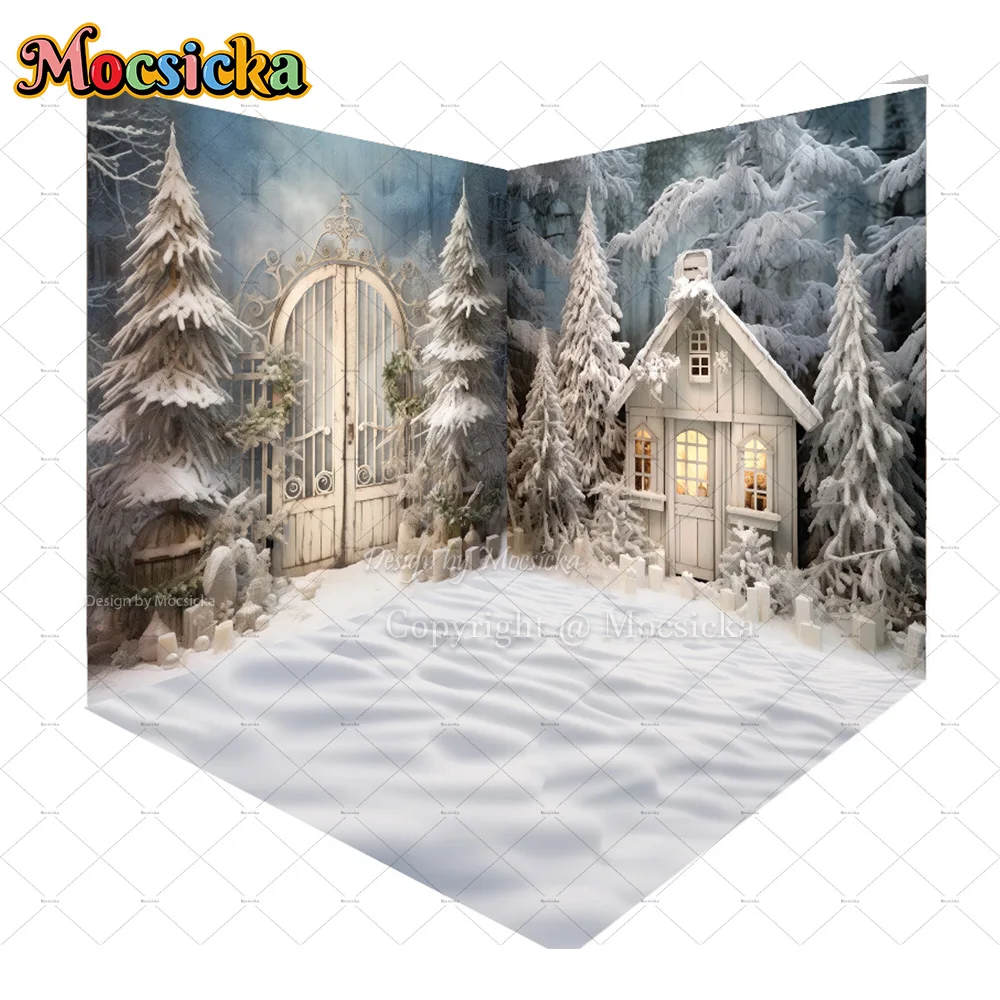 Mocsicka Winter Scene Snowy Cabin Corner Backdrop Photography Pine Tree White Wooden House Background Xmas Newborn Photo Studio