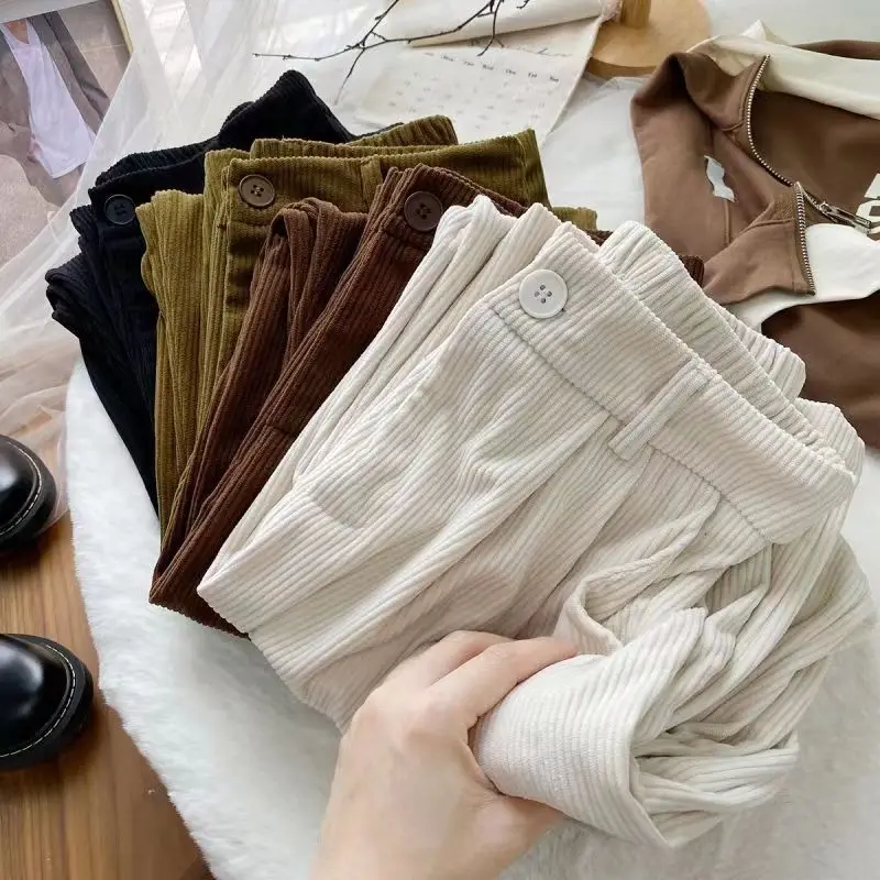 ZOKI High Waist Women Retro Corduroy Pants Fall Straight Causal Full Length Trousers Vintage Coffee Pockets All Match Pants New