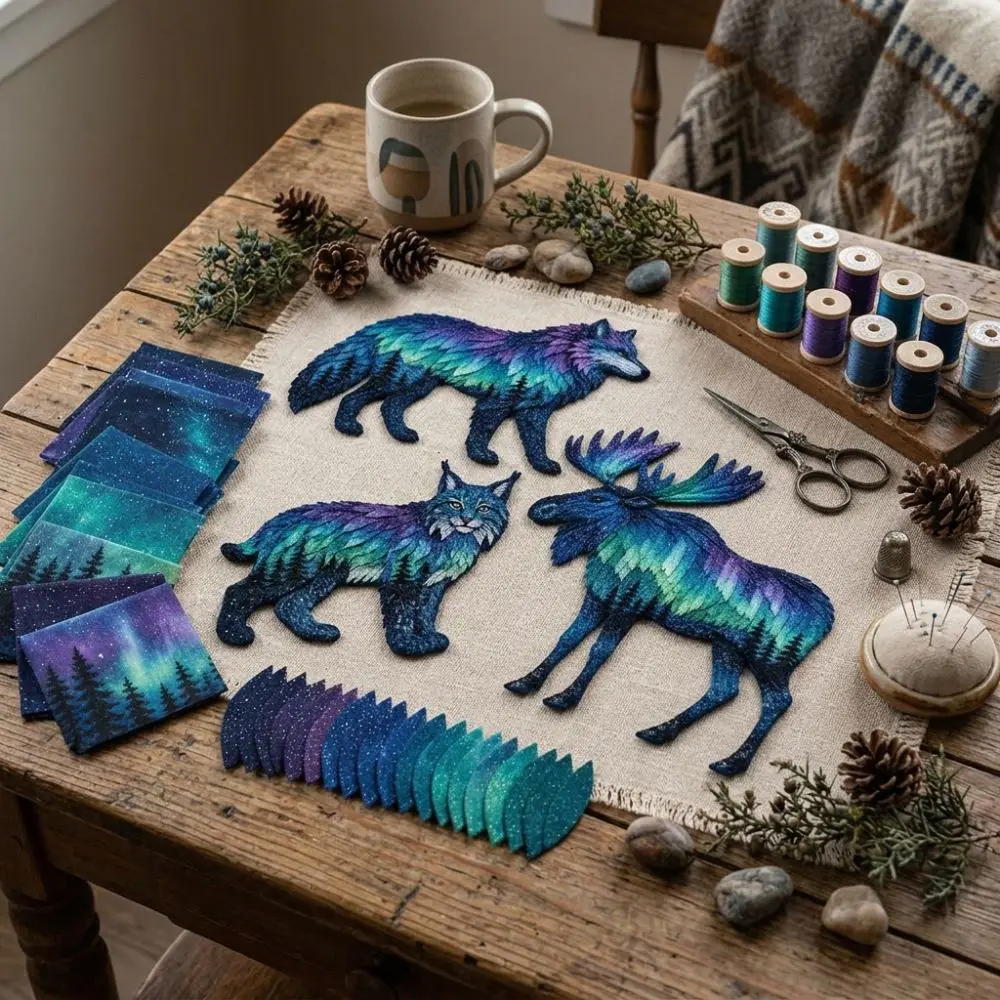 Northern Lights Aurora Animal Quilt Kit Handmade Nature Themed Patchwork Sewing Kit Starry Embroidery