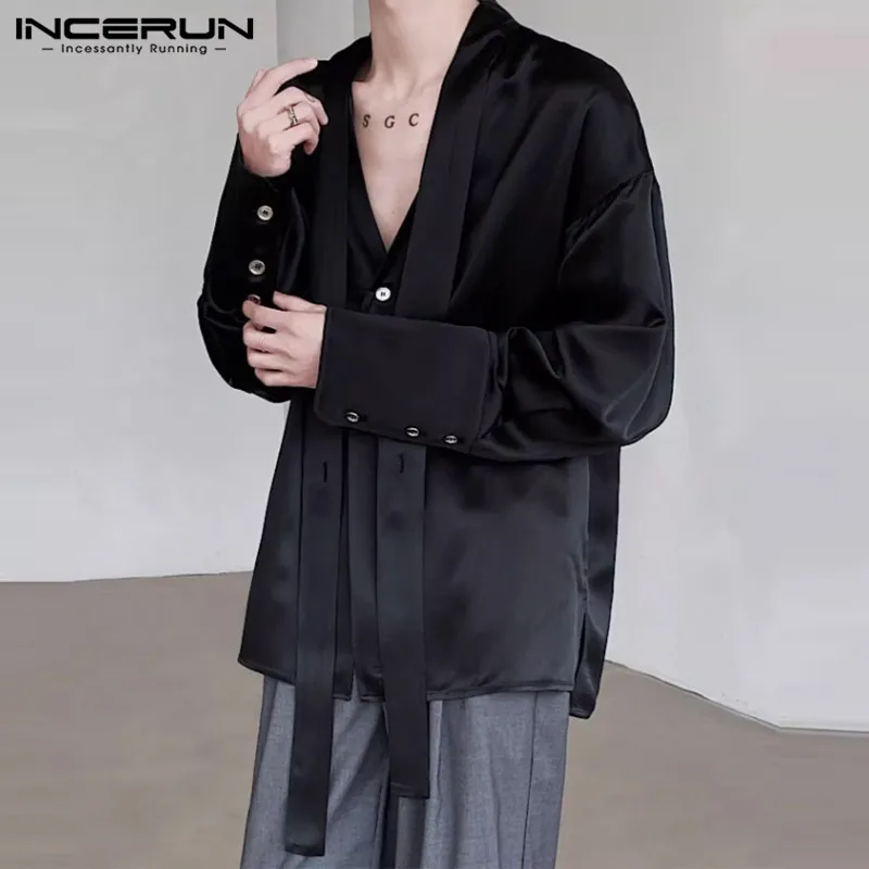 INCERUN Tops 2024 Korean Style Clothing New Men Satin V-neck Tie Design Shirts Fashiona Casual Pendant Long Sleeved Shirts S-5XL