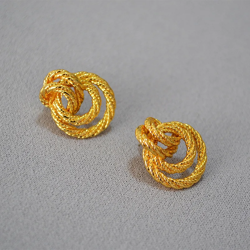 WT-E717 European Small Medieval Twist Wrapped Braided Brass Gilded Atmosphere Exaggerated 925 Silver Needle Earrings