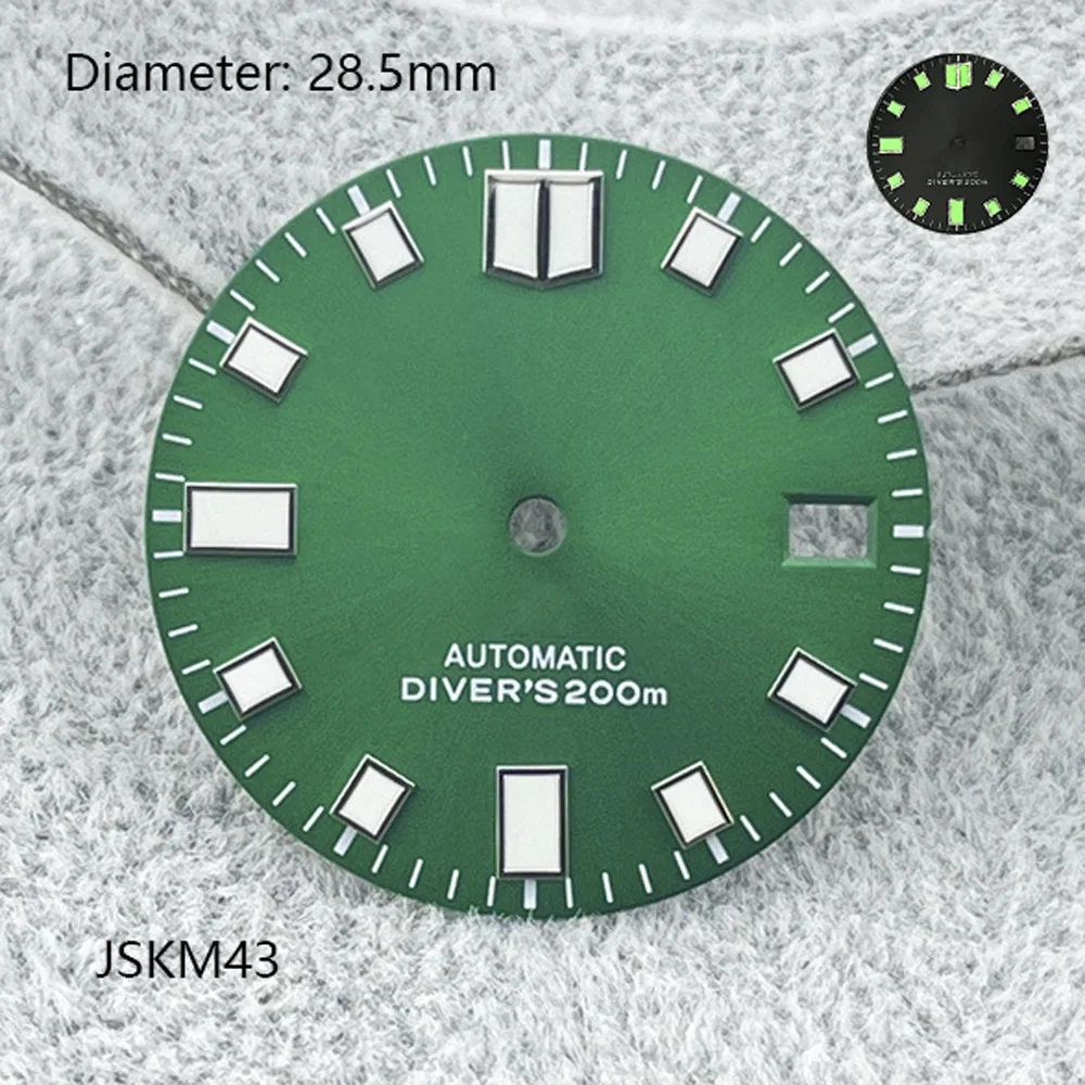 Calendario único luminoso verde con estampado de sol de 28,5mm sin logotipo N H35 movimiento accesorios de reloj personalizados módulo de reloj