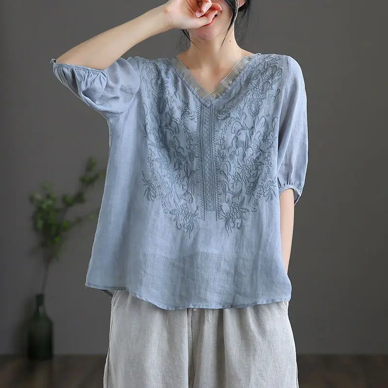 Women Summer Vintage Fashion Loose Cotton and Linen Solid Color V-neck Short Sleeve Shirts Ladies Casual Appear Thin Trend Tops