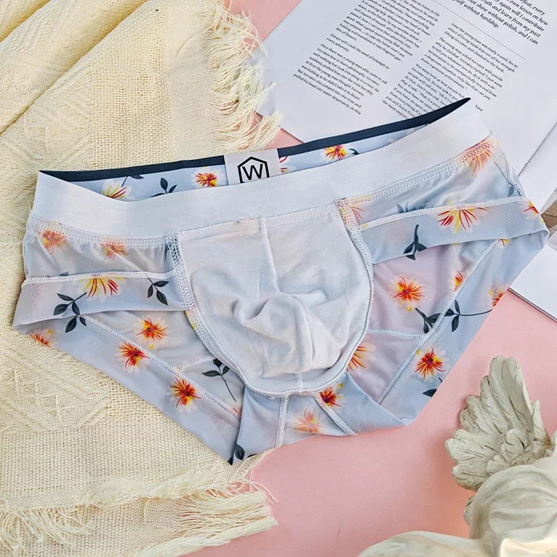 رجل شبكة حريرية الجليد ملخصات الصيف تنفس سريعة الجافة ملابس داخلية منقوشة سراويل الذكور مثير رقيقة جدا U الانتفاخ الحقيبة السروال #5