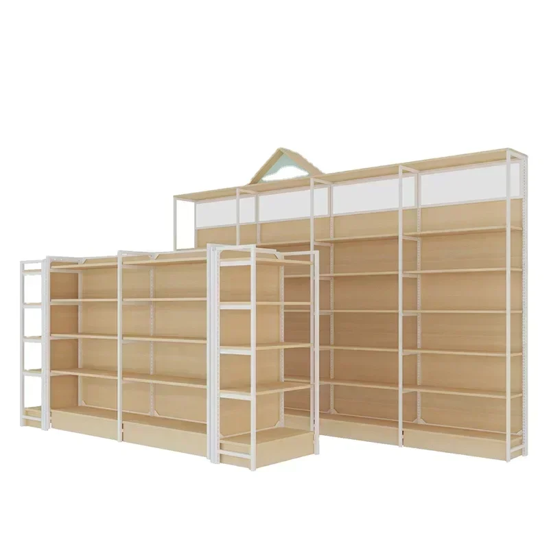 

Wholesale Manufacturer Double Side 5 Layers Flat Backboard Heavy-duty Supermarket Shop Store Display Wooden Shelf Shelving Rack