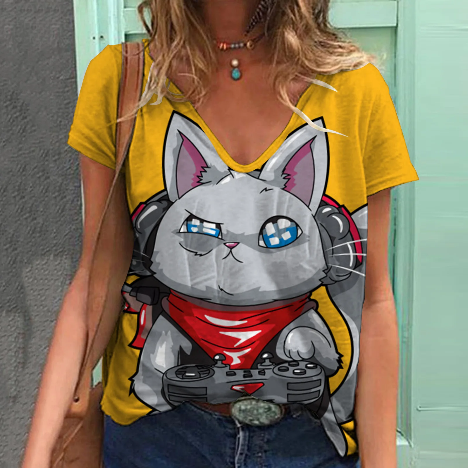 Fashion Women's T-shirt Cat Pattern Short Sleeve Animal 3d Printed T-shirt Oversized V-neck Summer Y2k Harajuku Women's Clothing