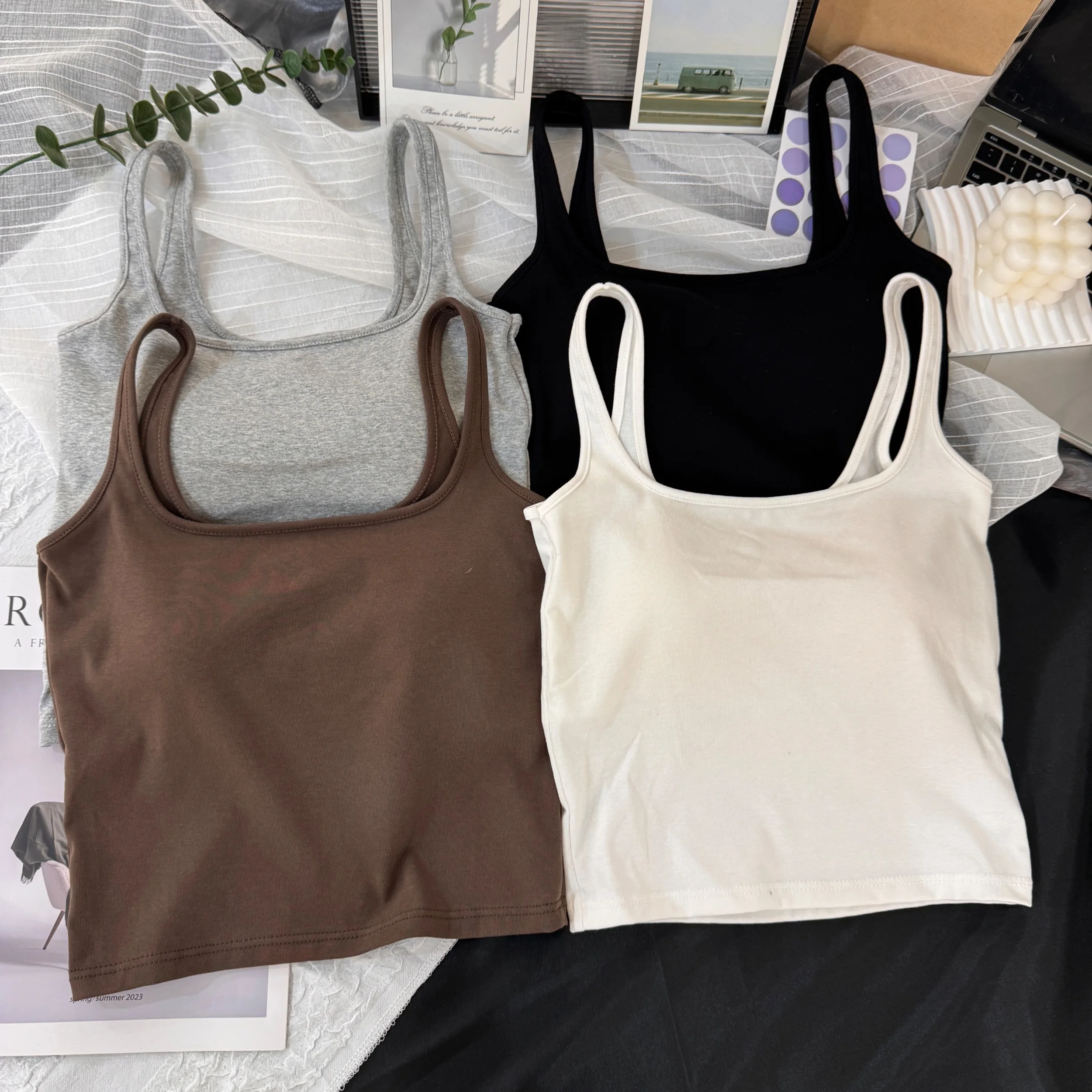 G3077 One-Piece Beautiful Back Cotton Underwear Square Collar with Chest Pad Fixed Cup Versatile Slimming Vest Strap