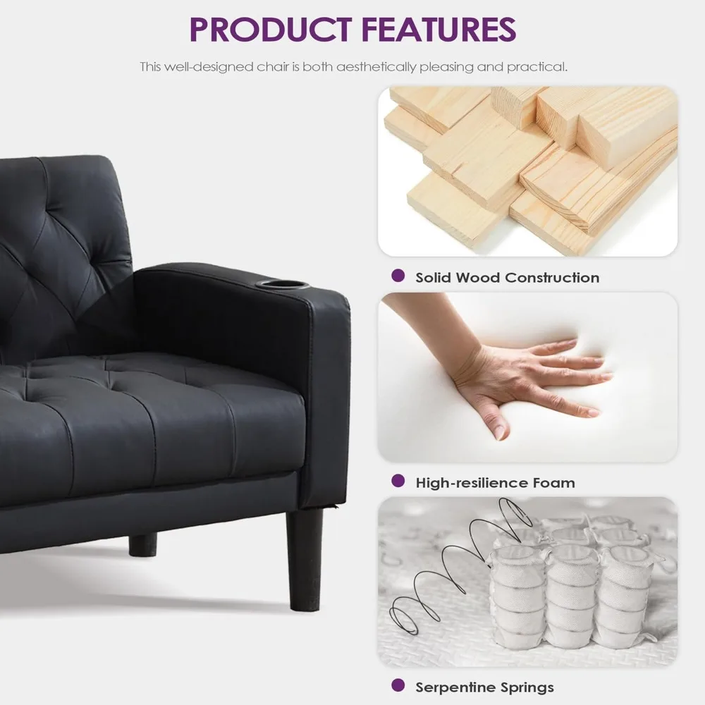 โซฟา Loveseat ขนาด 62 นิ้ว W พร้อมพอร์ตชาร์จ USB 2 พอร์ตและที่วางแก้ว 2 อัน, หนังสีดํากระจุกสมัยใหม่ในช่วงกลางศตวรรษโซฟาที่นั่งรักขนาดเล็ก