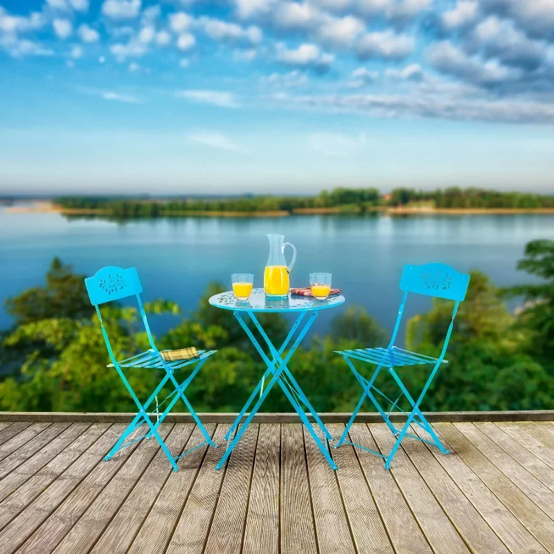 Corporation 3-Piece Metal Floral Patio Bistro Set with Table and 2 Chairs, Blue patio furniture set outdoor