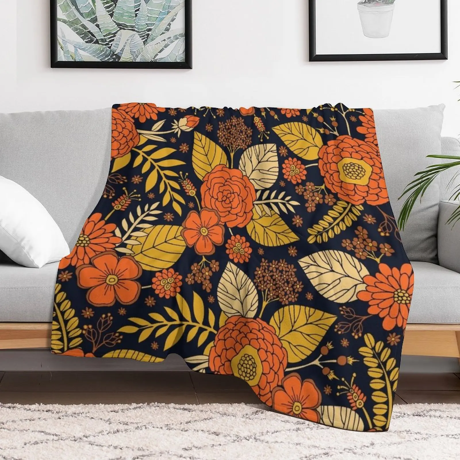 Retro Orange, Yellow, Brown, & Navy Floral Pattern Throw Blanket decorative for winter funny gift Blankets