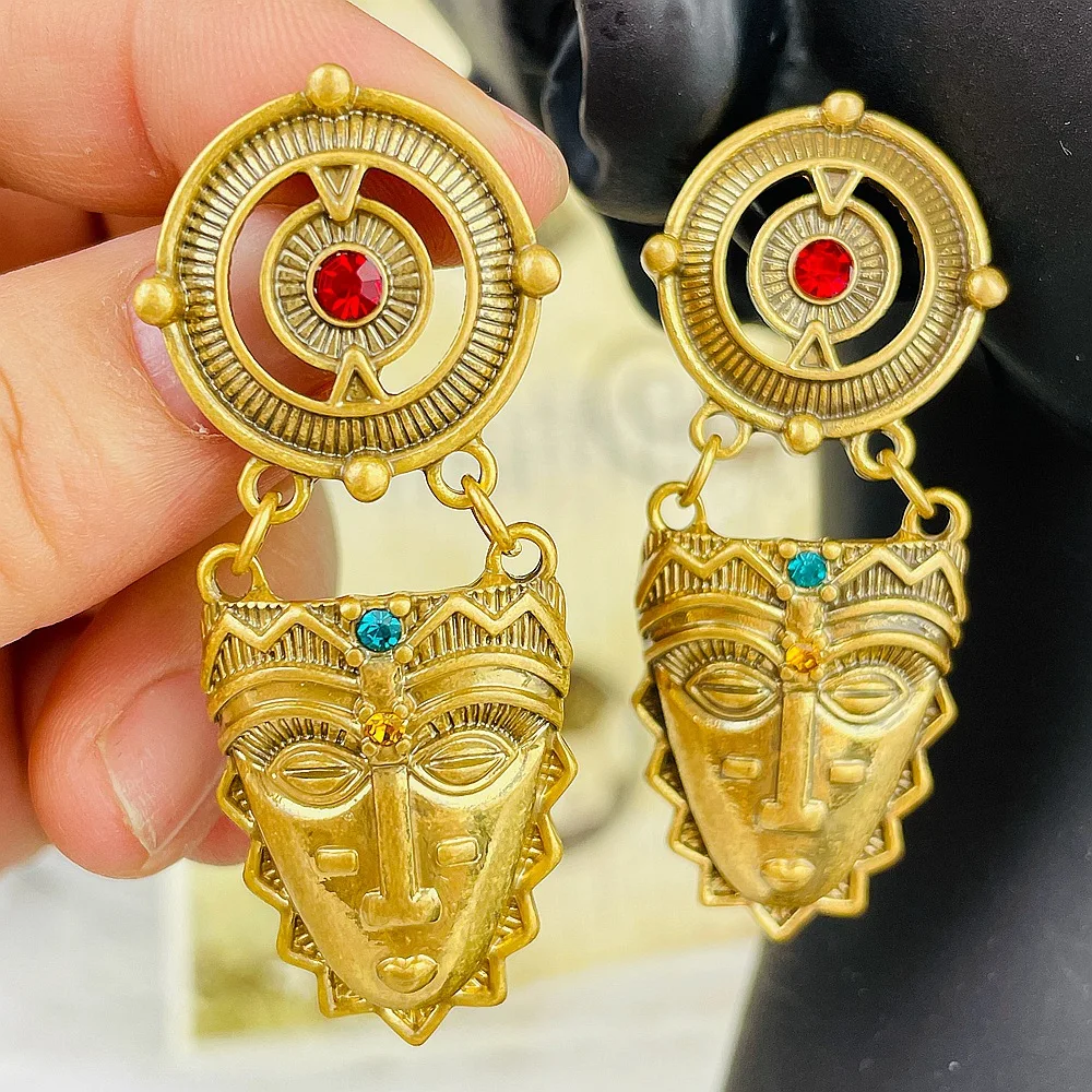 African Mask Indian Statue Tribal Earring Antique Gold Color Jewelry Exotic Geometric Big Exaggerated Pendant Earring Decoration