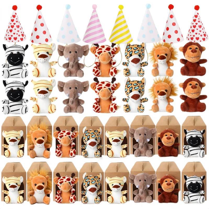 

12-20PCS Mini Safari Stuffed Animals Jungle Animal Plush Toys Set with Birthday Hats Paper Boxes for Party Favors Baby Shower