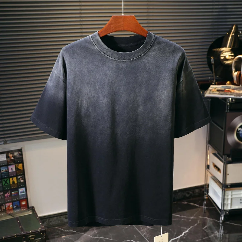 Lelaki 2026 New T-Shirt Gradient Color Solid Heavy Washed Loose Large Size Versatile Casual Daily