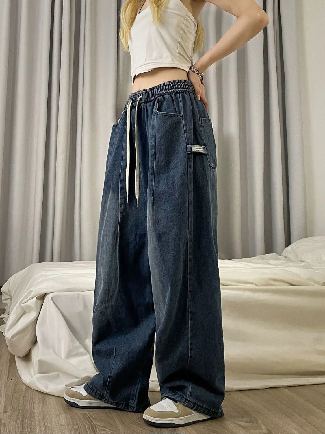 

Extra Large 300 Pou Dstring Elastic Waist Denim Jeans Men's Summer American Retro Distred Loose Lantern Pants