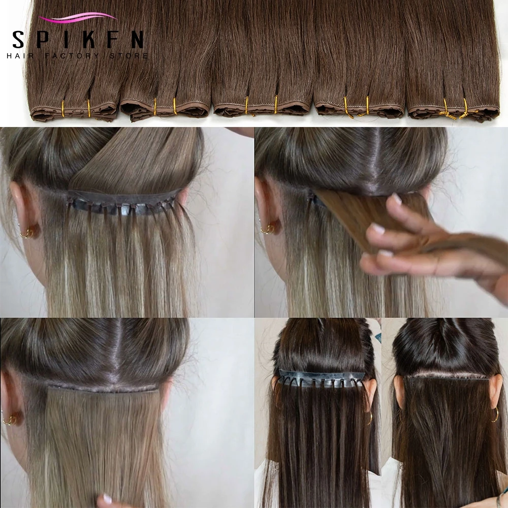 20 inches XO Hole Weft Human Hair Extensions Straight Machine Remy PU Skin Tape Hair Gluess 50g Inject PU Hair Bundles