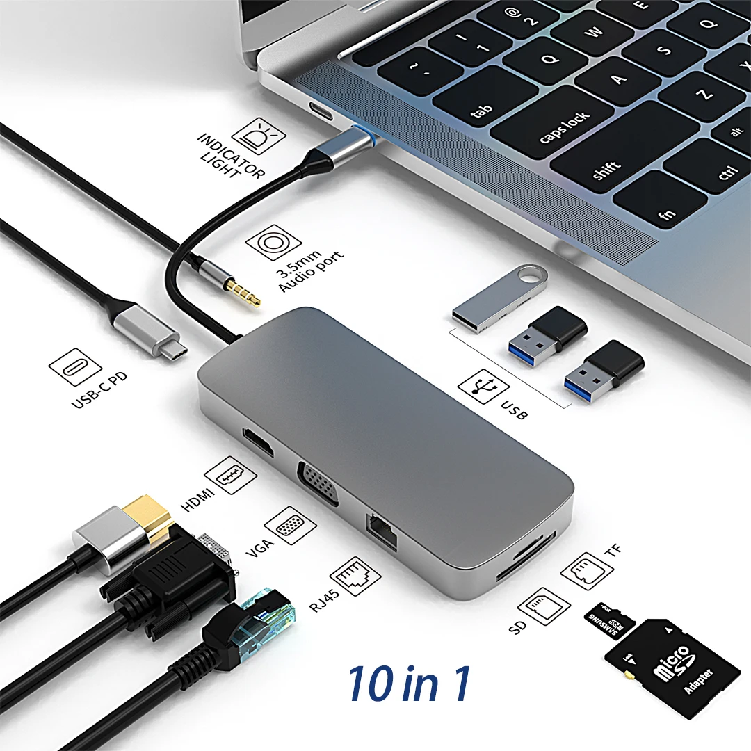 

USB C HUB 4K 30Hz Type C to HDMI-compatible USB 3.0 Adapter 10 in 1 Type C HUB Dock PD 87W USB C Splitter for MacBook Pro Air