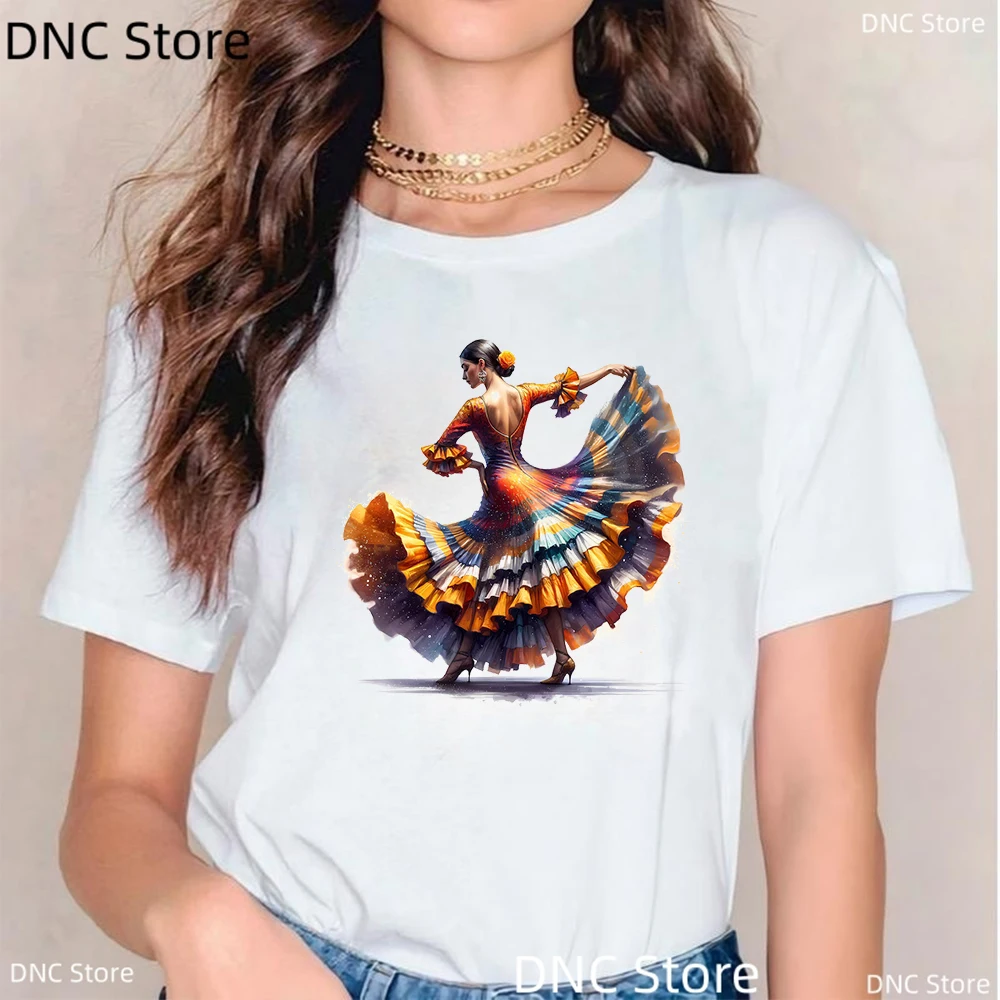 

Flamenco Dancer Graphic Print Femme T Shirt Dance Art Enthusiast T-Shirt Women Fashion Trend Retro Tshirt Summer Women'S Tops