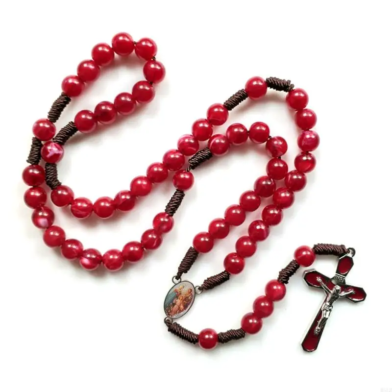 10mm Acrylic Bead Rosary Necklace Vintage Weave Catholic Religious for Cross Jesus Pendant Necklaces for Men Women Jewelry W8EB