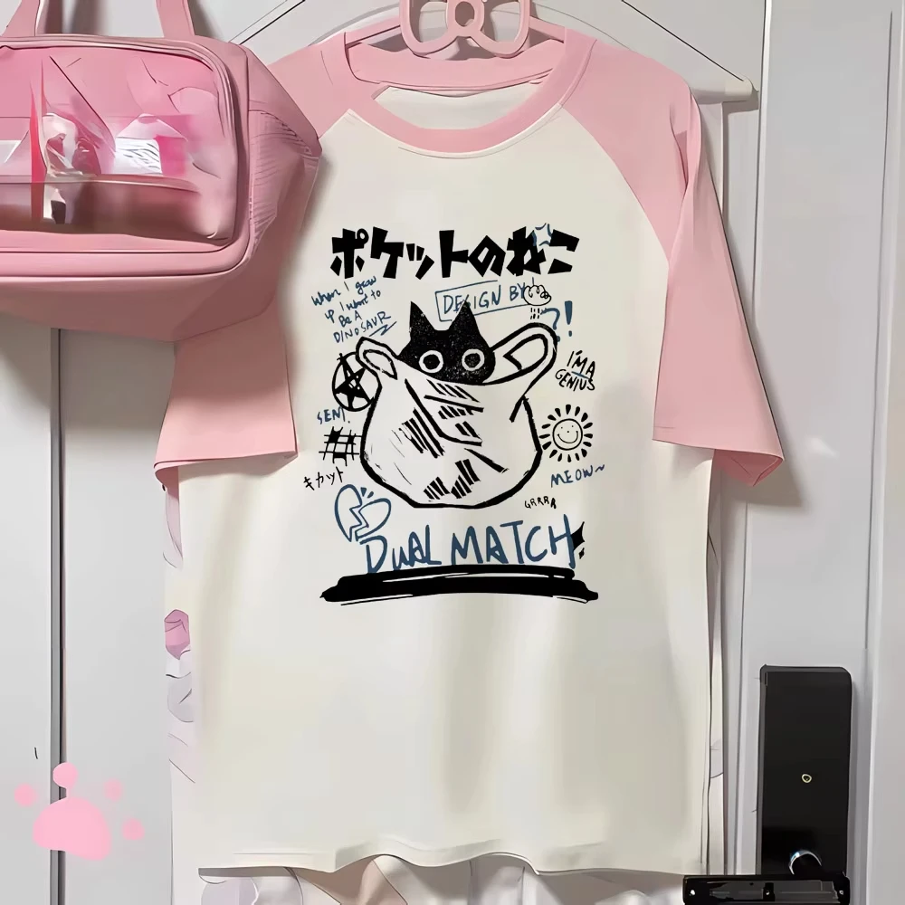 Japanische süße Cartoon-Stil Y2k Ästhetik Harajuku Anime Cartoon Katze Print Damen Kawaii Kurzarm T-Shirt Streetwear
