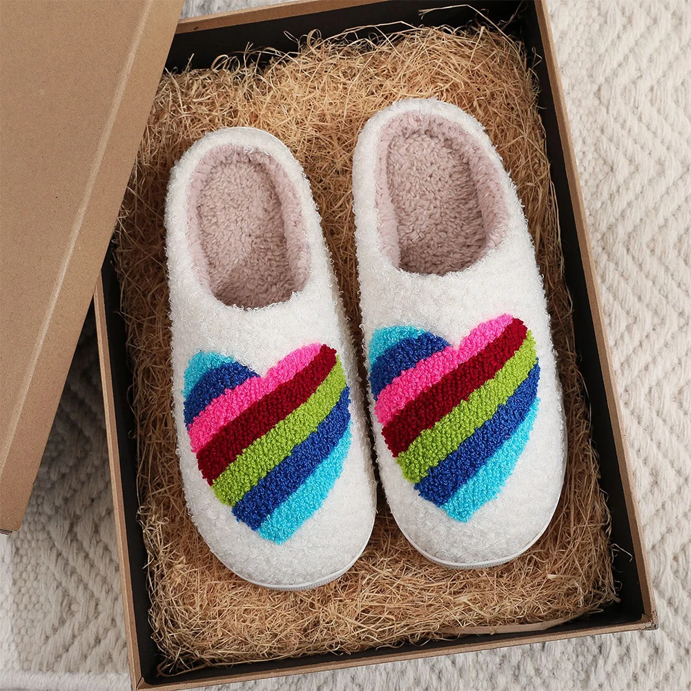 Women Plush Love Slippers Closed Toe Slippers Non Slip Flat Thermal Slippers Comfortable Cute Furry Slippers for Indoor Bedroom