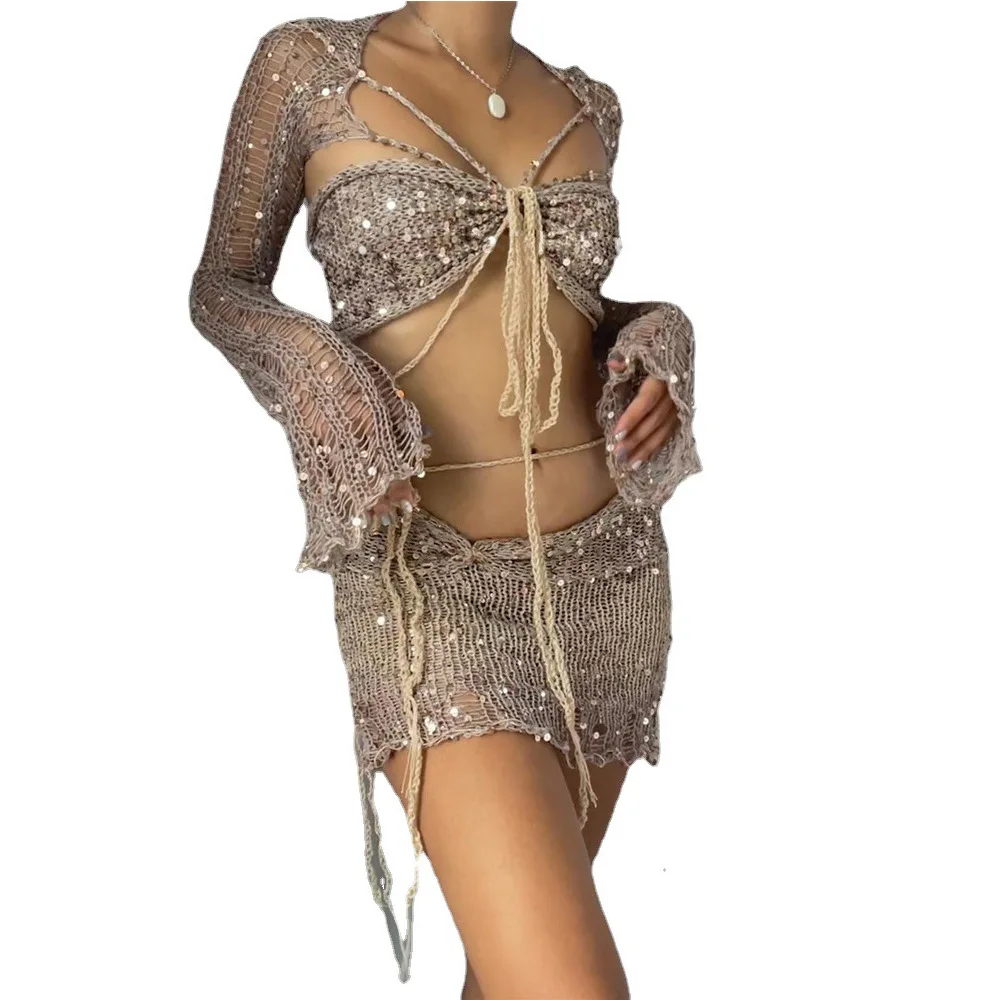 Damski dzianinowy sweter z koralikami trzyczęściowy zestaw z długim rękawem krótki Top i Midi obcisła spódnica 2023 lato nowy