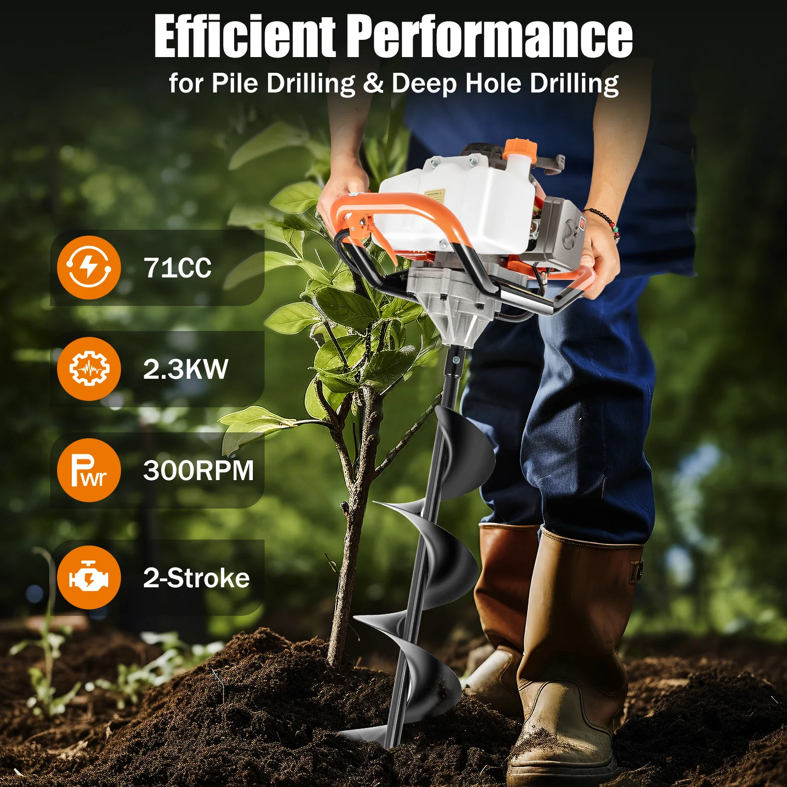 

71CC Post Hole Digger Gas Powered, 2 Stroke Auger Post Hole Digger with 3 Drill Bits & 1 Extension Rod for Planting, for Farm