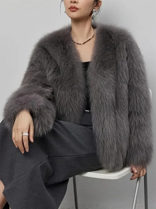 Autumn Winter Women Short Faux Fox Fur Jacket V Neck Loose Fluffy Plush Outerwear Fashion Warm Faux Fur Coat for Ladies