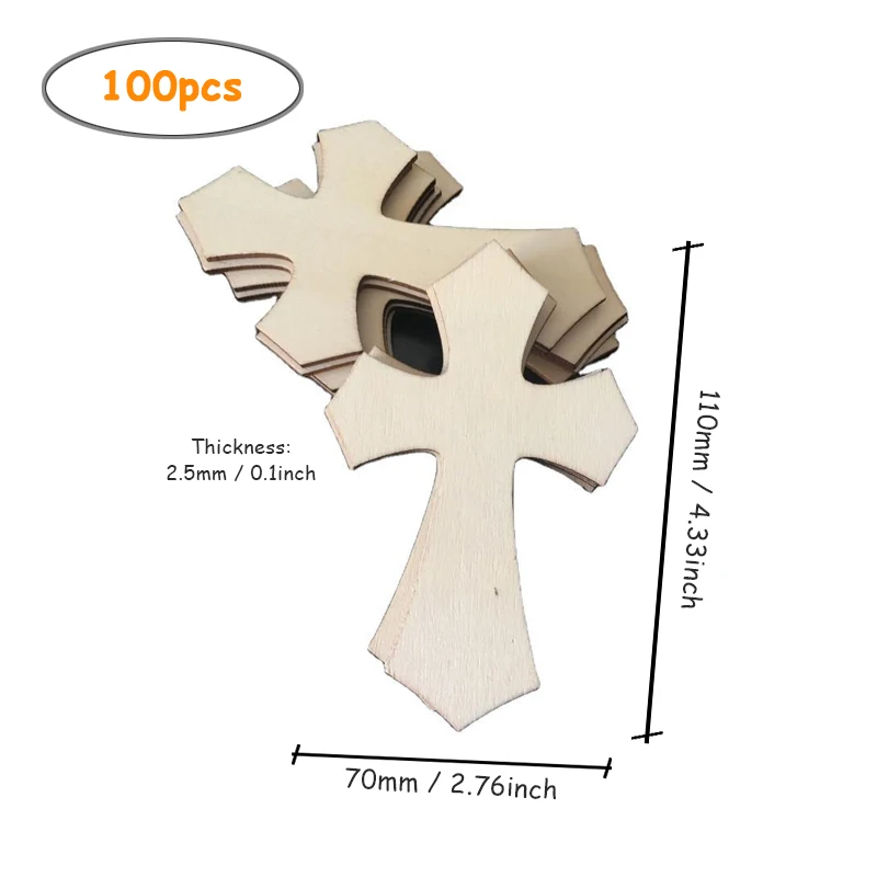 100pcs/pack Unfinished Wooden Cross Cutouts, Wood Cross Shaped Piece Slices Embellishments Ornaments for DIY Craft Art Supplies