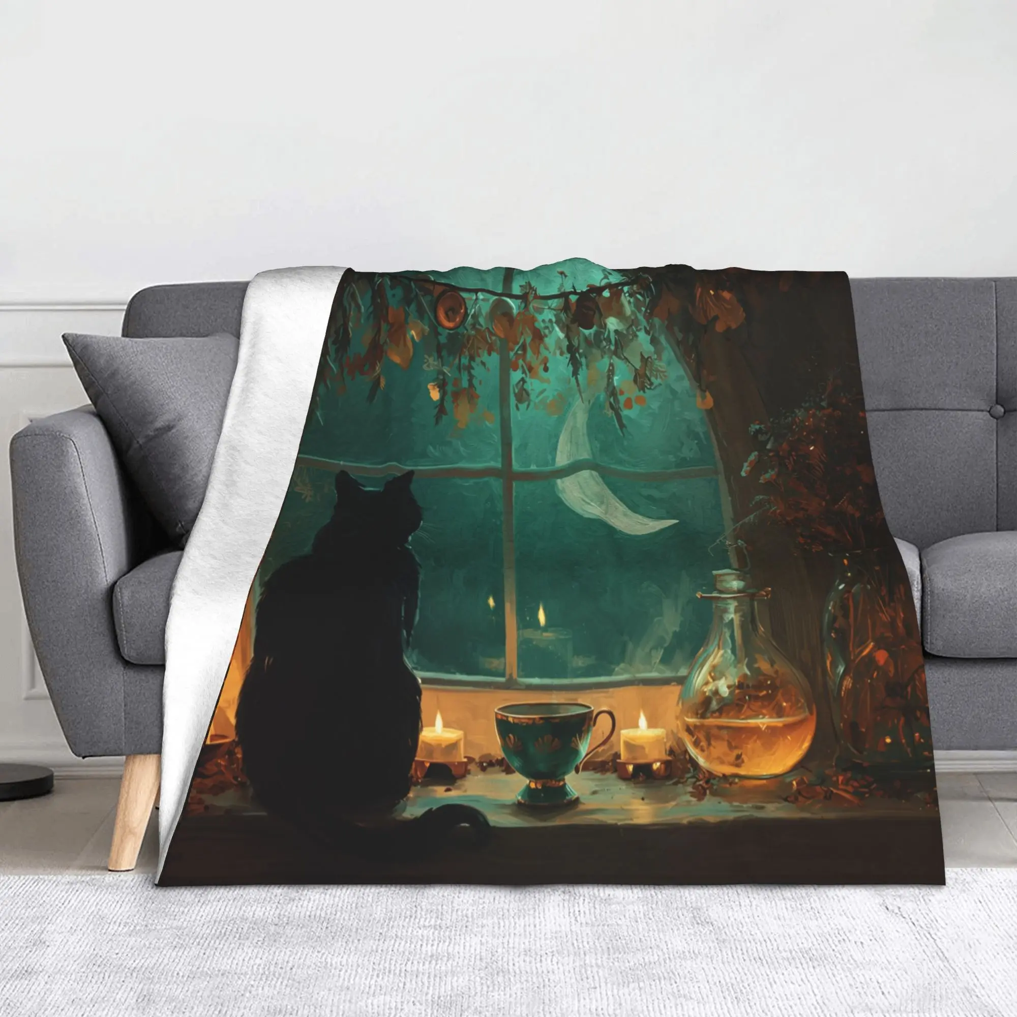 Halloween Black Cats Blanket Witchy Kitty Flannel Novelty Breathable Throw Blanket for Bedspread All Season