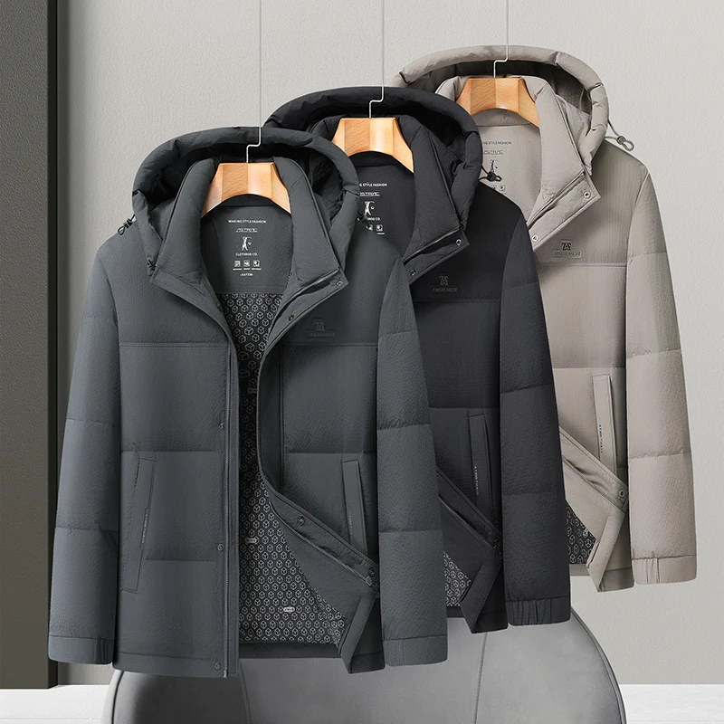 

Winter Men's Thermal Down Jacket With Detachable Hood Design Basic Coat Khaki Gray Black Warm Lightweight Outerwear Essential