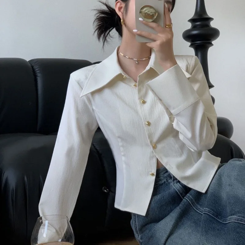 

New Style White Fashionable Point Collar French High-end Shirt Design Slim Short Style Long-sleeved Top Shirt