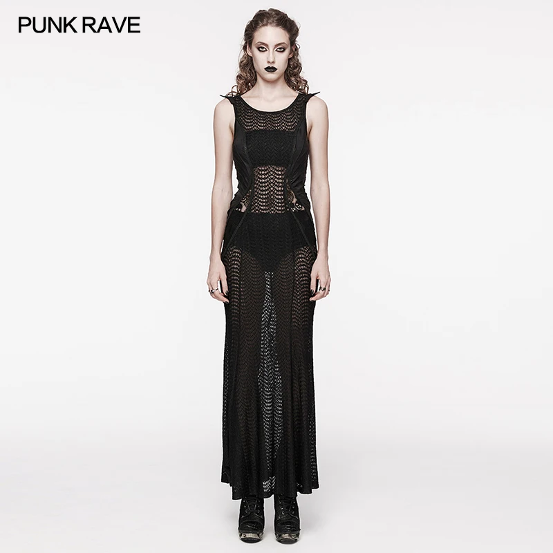 

PUNK RAVE Women's Gothic See-through Staggered Flying Piece Layered Splicing Design Dress Club Adjustable Drawstring Dresses