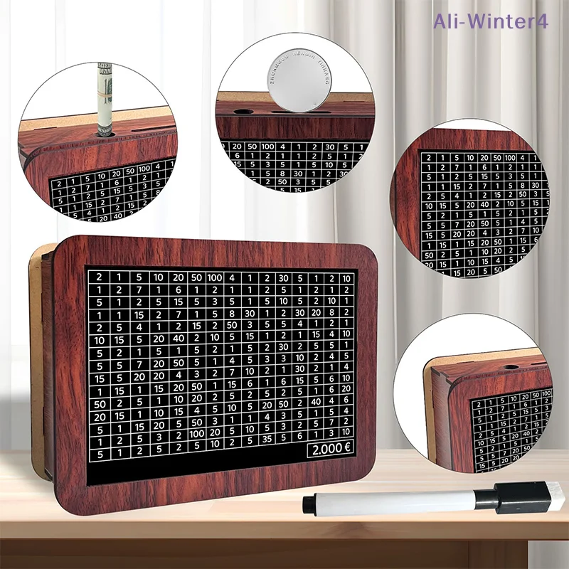 【Winter4】Hucha de madera con contador de objetivos de ahorro, reutilizable, hecha a mano, con bandeja para monedas