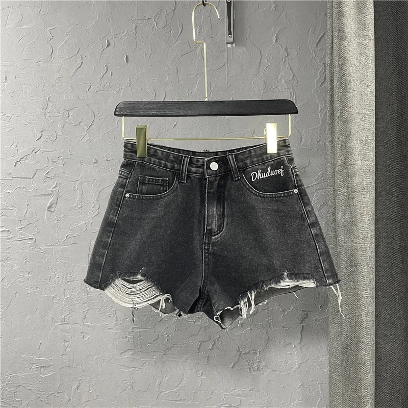 Fashion Women Denim Shorts Zebra-Stripe Pocket Ripped Hole Hot Pants Summer Raw Edge A-Line Casual Jean Shorts