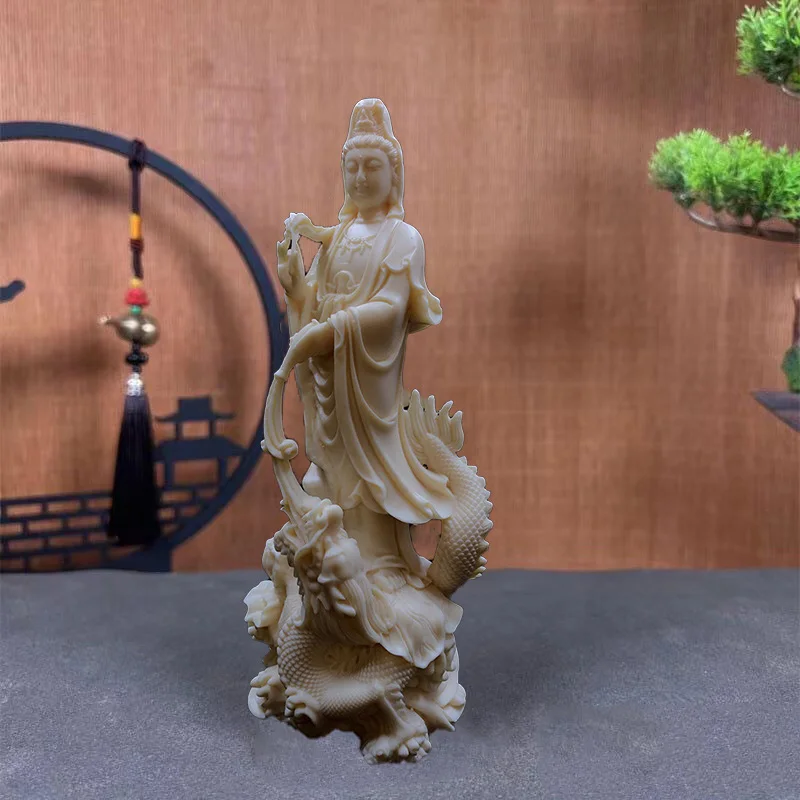 Resin Dragon Guanyin Bodhisattva Statue -China Buddhist Figure Sculpture- Home Room Office Feng Shui Statue