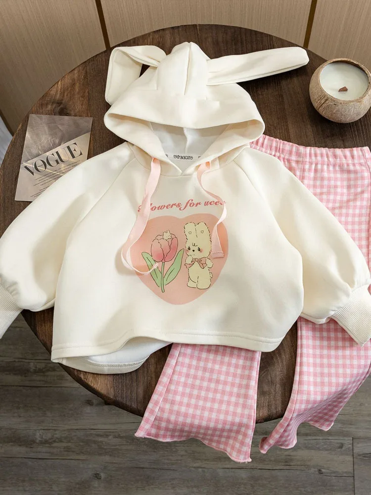 Girls Cute Cartoon Two Piece Set For Children's SpringAutumn Rabbit Hooded Hoodie With Checkered Flare Pants Set