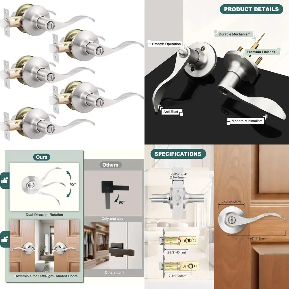 

Современные внутренние дверные рычаги из матового никеля с конфиденциальностью для спальни и ванной комнаты, функция бесключевой волны