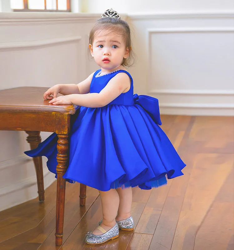 Baby Girl Party Dress Rolay Blue Summer New Children\'s Dress Big Bow Toddler Kids 1st Birthday Baptism Gown Bridesmaid Dress